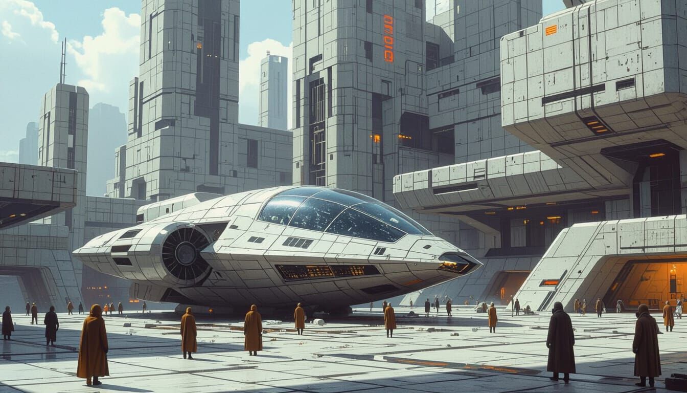 Futuristic City Square with Crashed Spacecraft