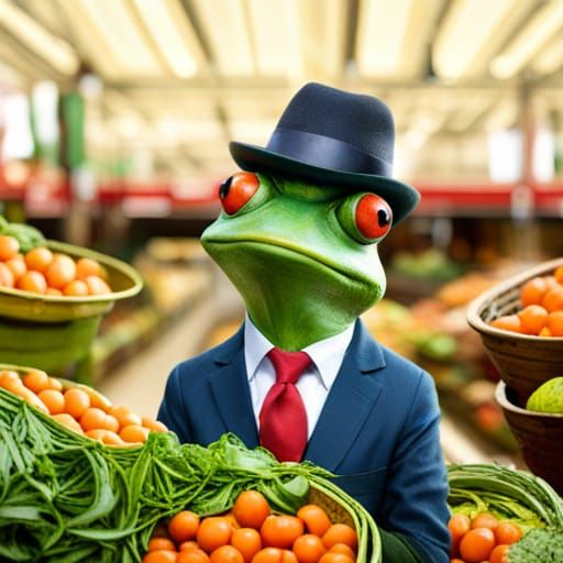 Funny Frog Salesman in Bustling Market Portrait