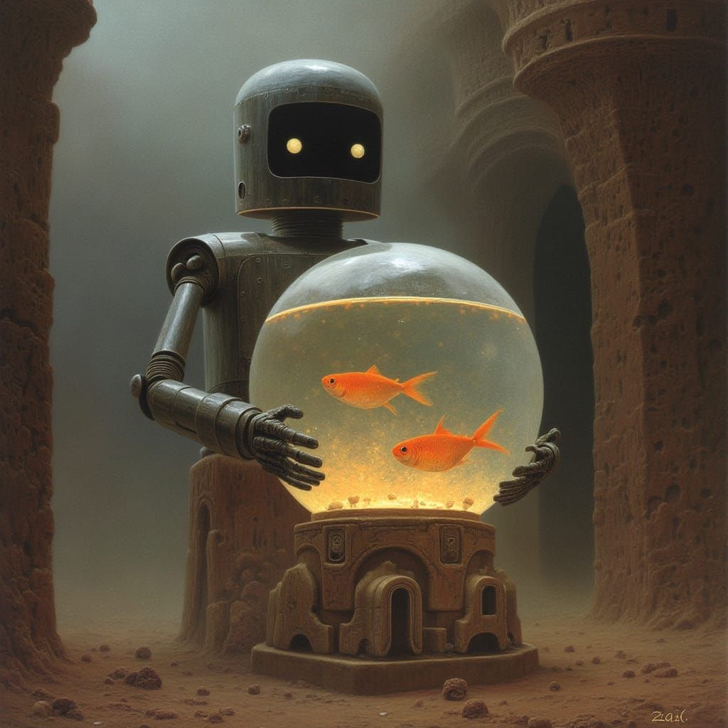 Cute Robot Holding a Fishbowl