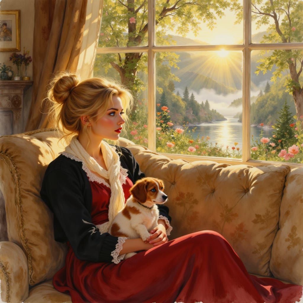 Woman with Dog and Fantasy Landscape Oil Painting