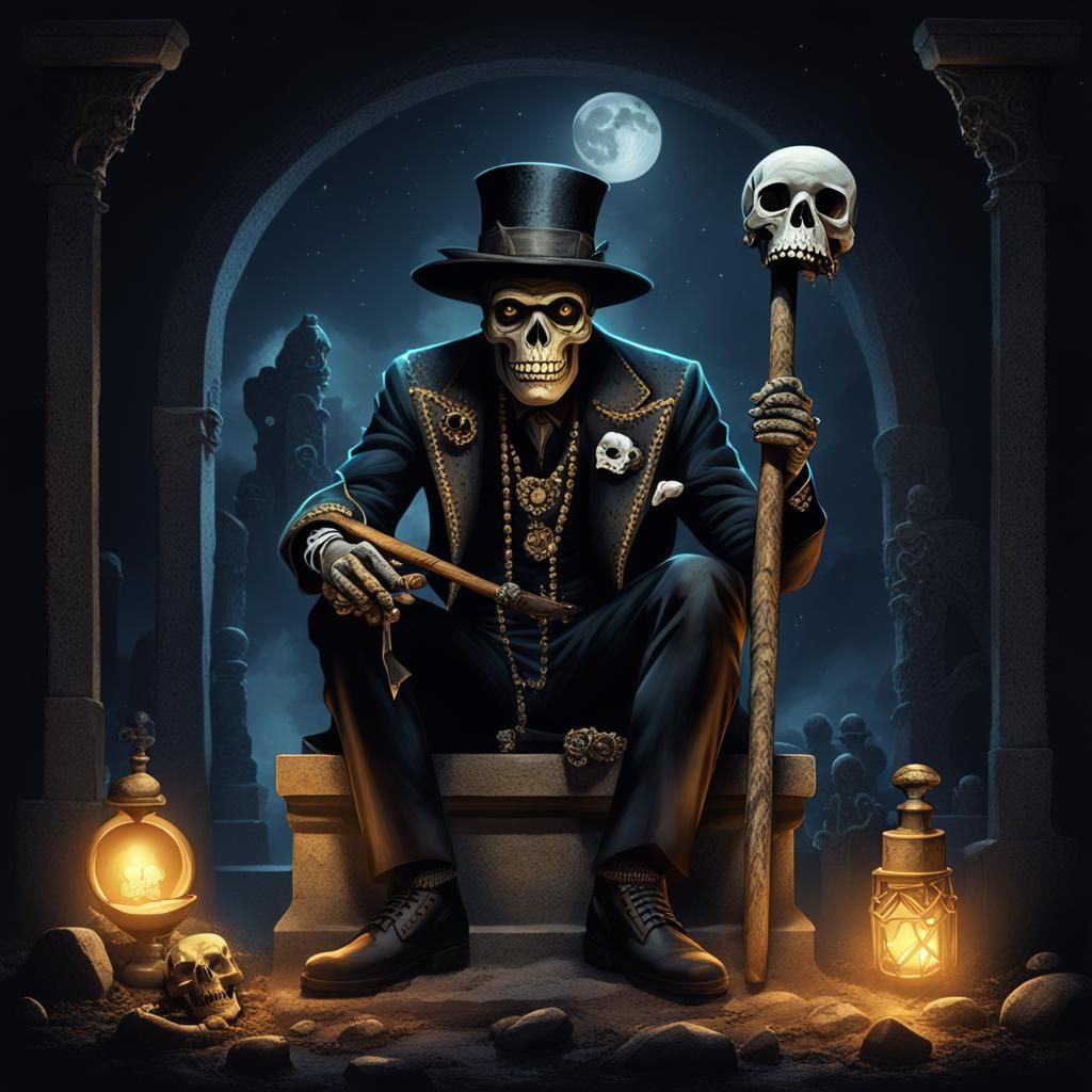 Baron Samedi in Tombstone with Skull Cane