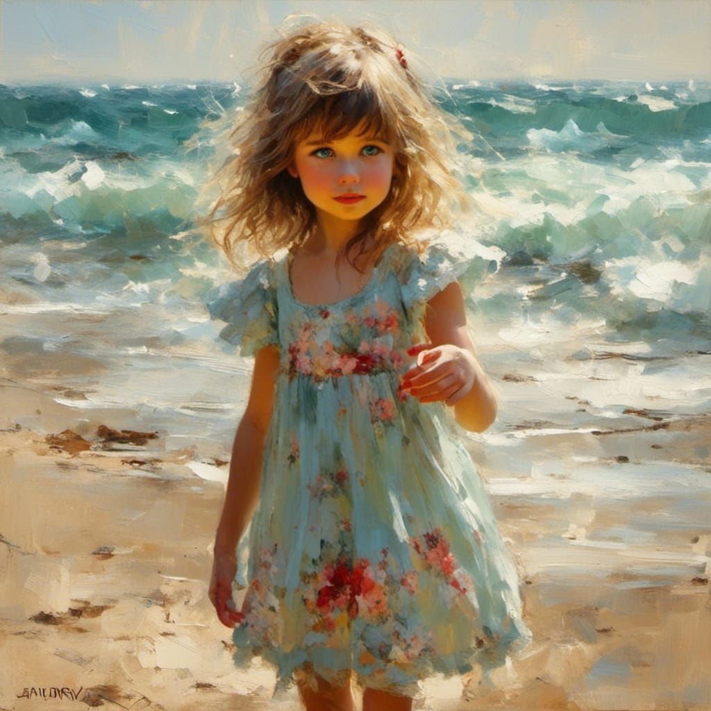 Cute Girl in Beach Dress Oil Painting