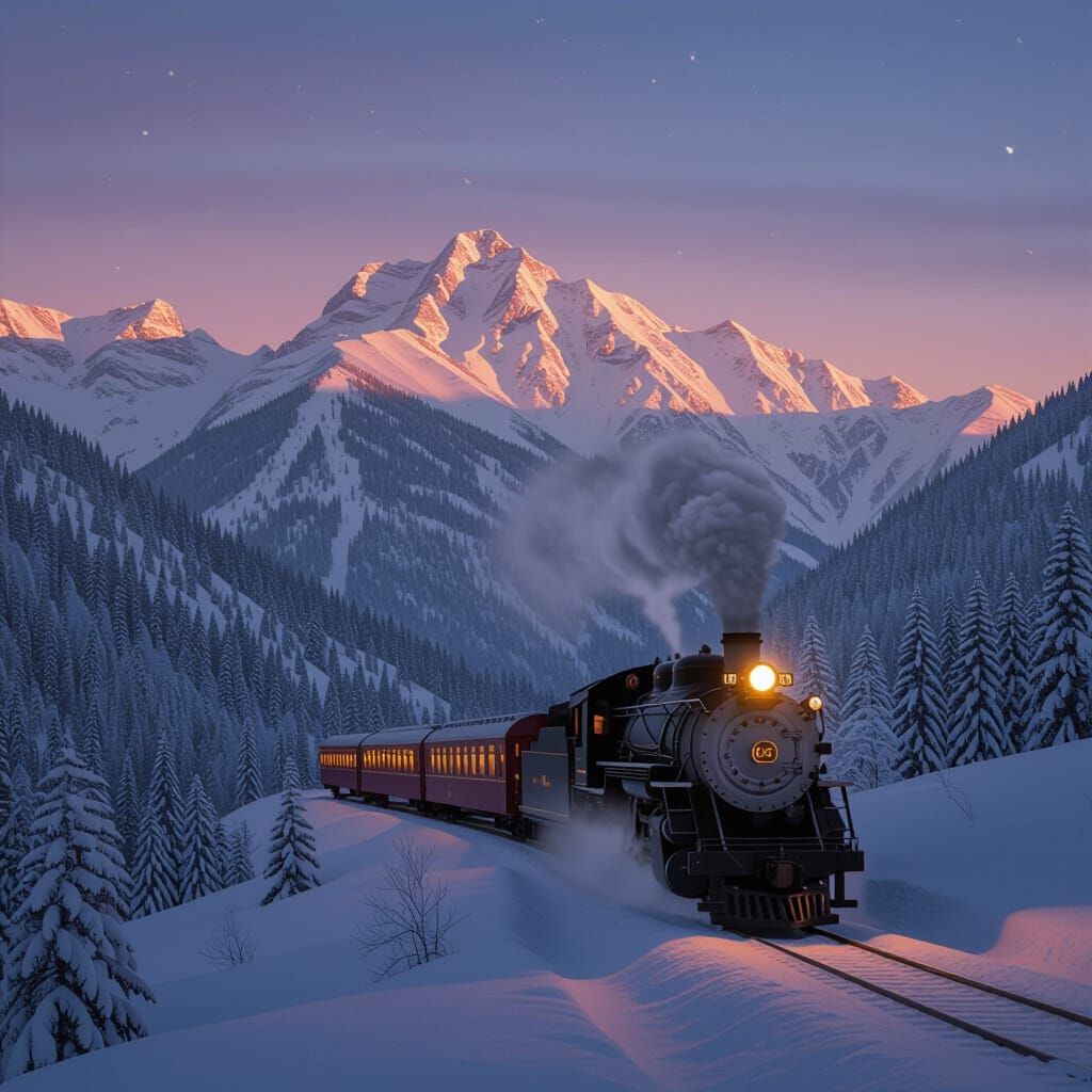 Majestic Snow Mountains at Sunset with Vintage Train