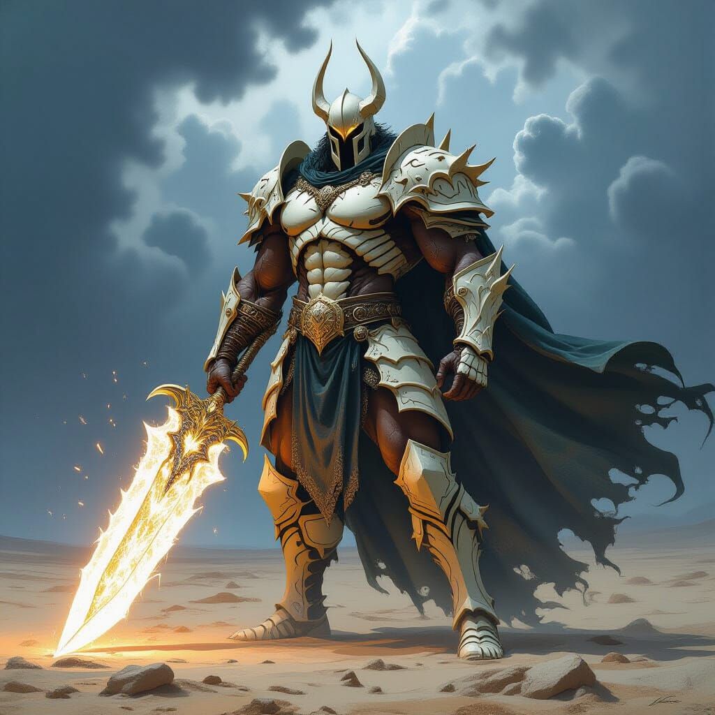 Warrior with Crystal Blade on Windswept Plain