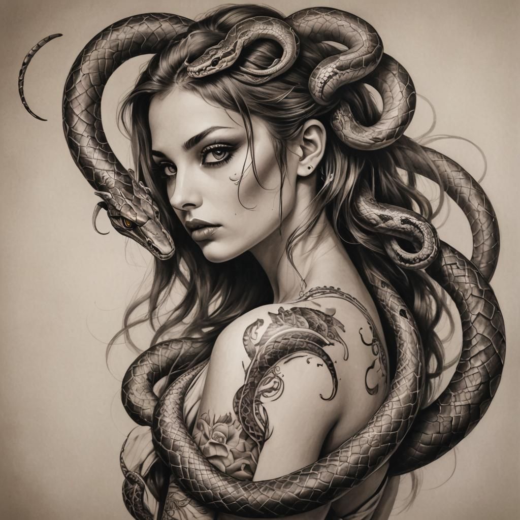 Green-Eyed Girl with Snake Tattoo in Tropical Forest