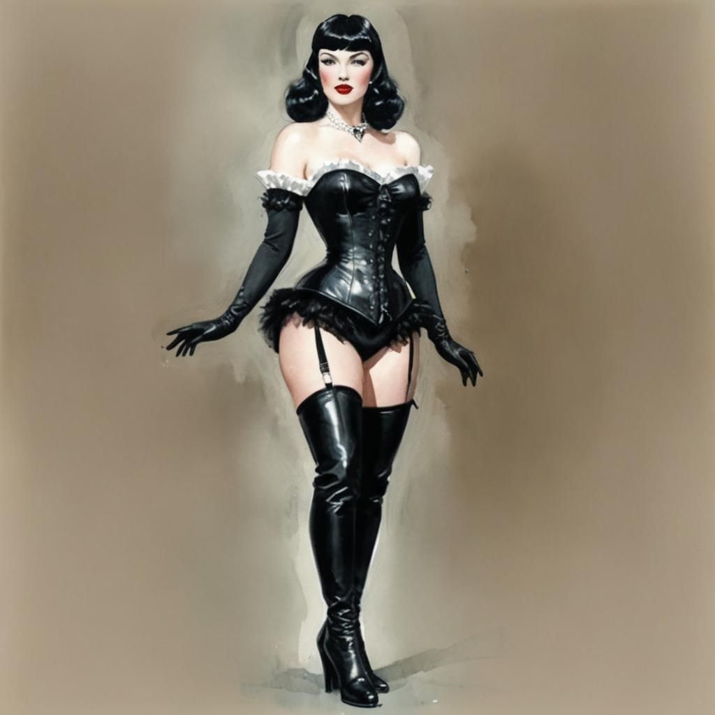 Watercolor Portrait of Woman in Vintage Pin-Up Style