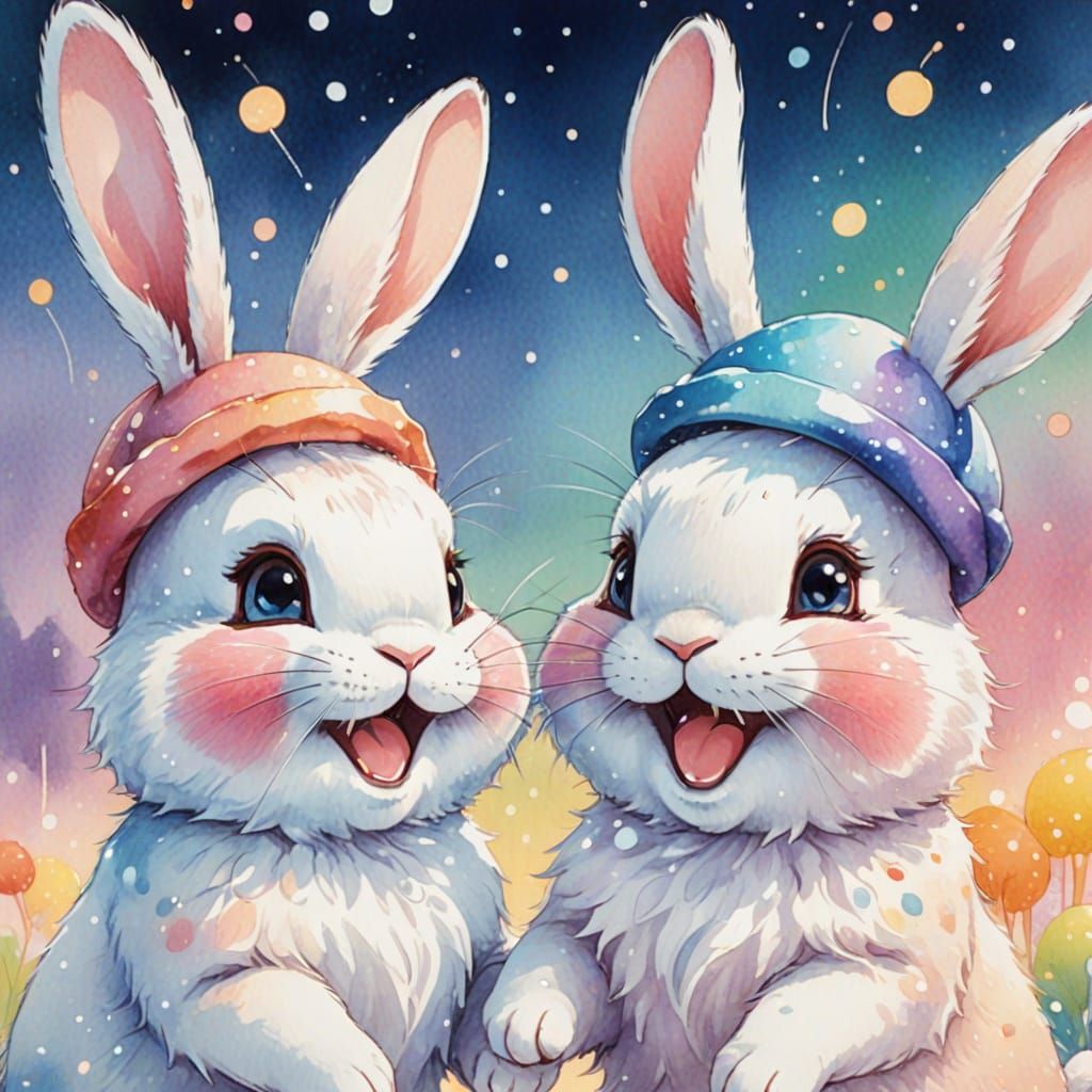 Laughing Bunnies in Anime Watercolor Style