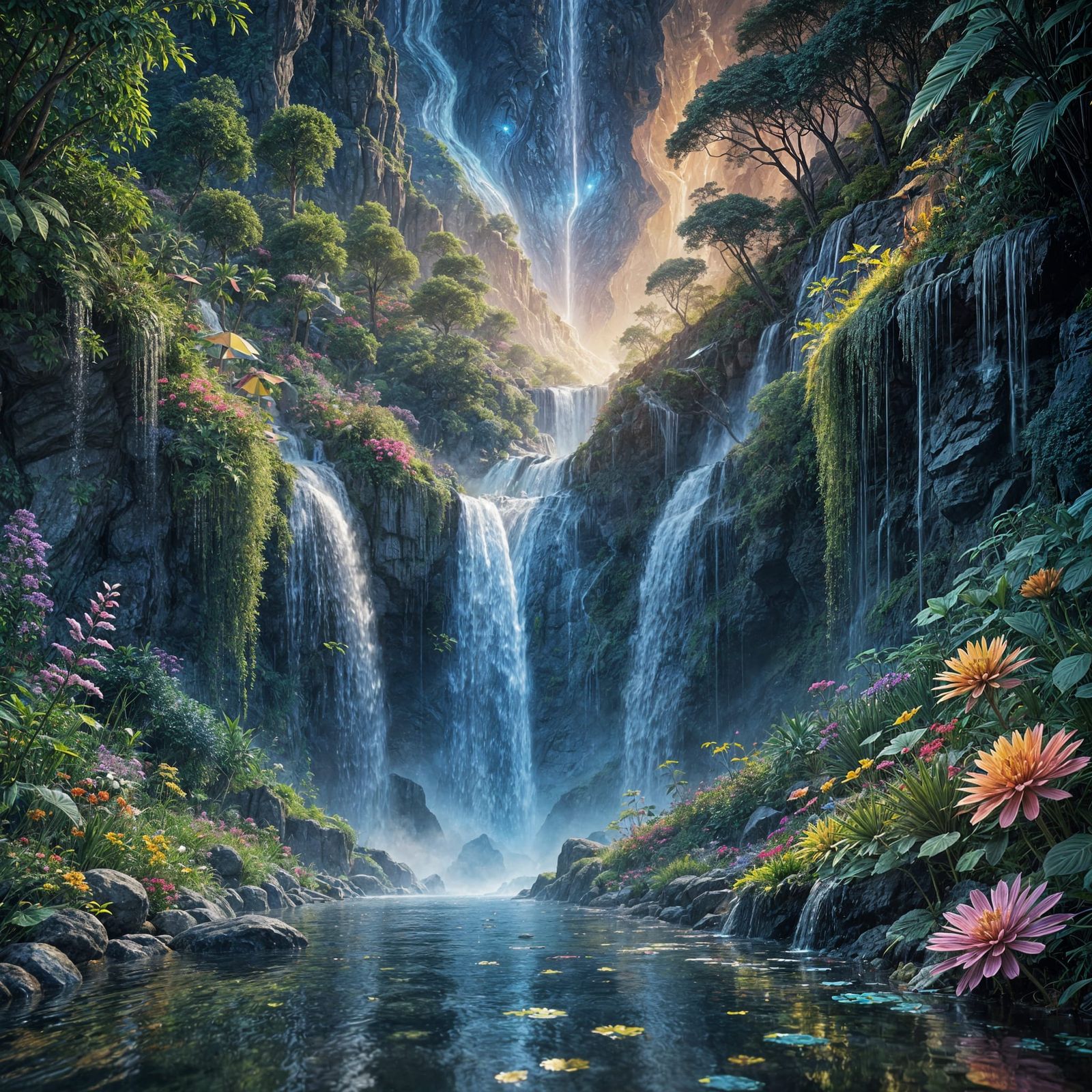 Cosmic Cubist Oasis Erupts from Celestial Waterfall