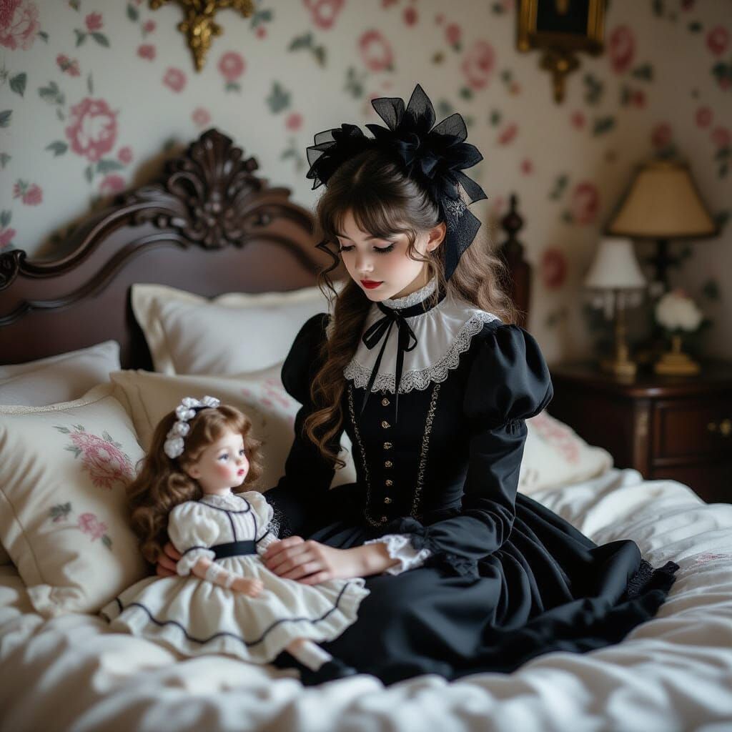 Gothic Girl with Doll in Rococo Room
