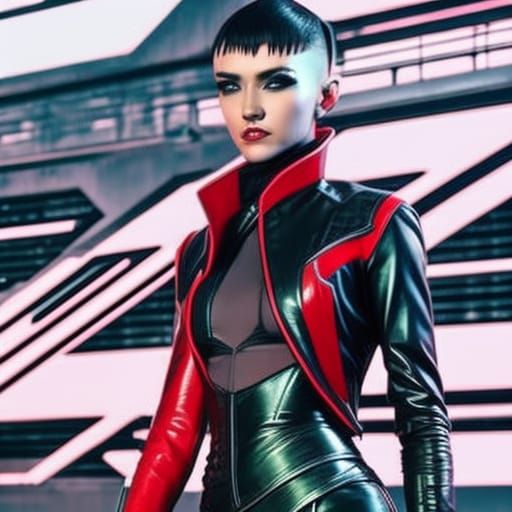 Cyberpunk Vampire Girl with Red Jacket and Undercut