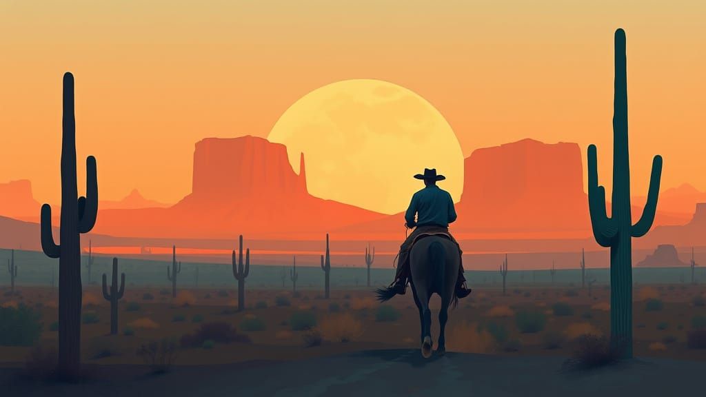 Surreal Desert Cowboy Rides into the Sunset