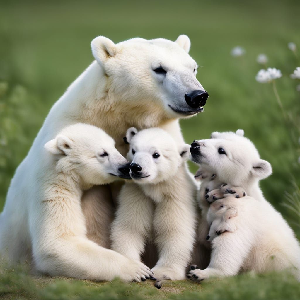 Polar Bear Hugs Her Adorable Cubs and Honeybees