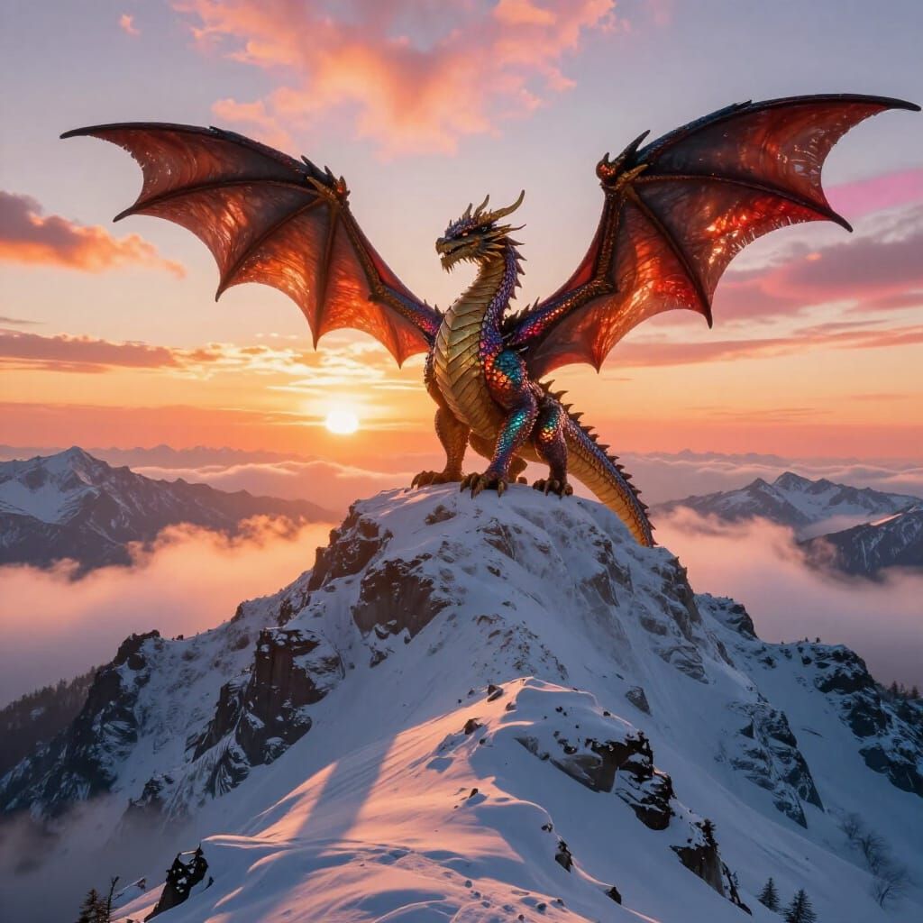 Ancient Dragon Ascends Snowy Peak at Fiery Sunrise
