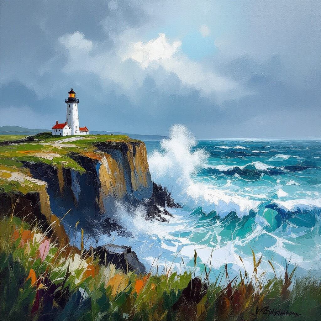 Coastal Cliffscape with Lighthouse as Impasto Painting