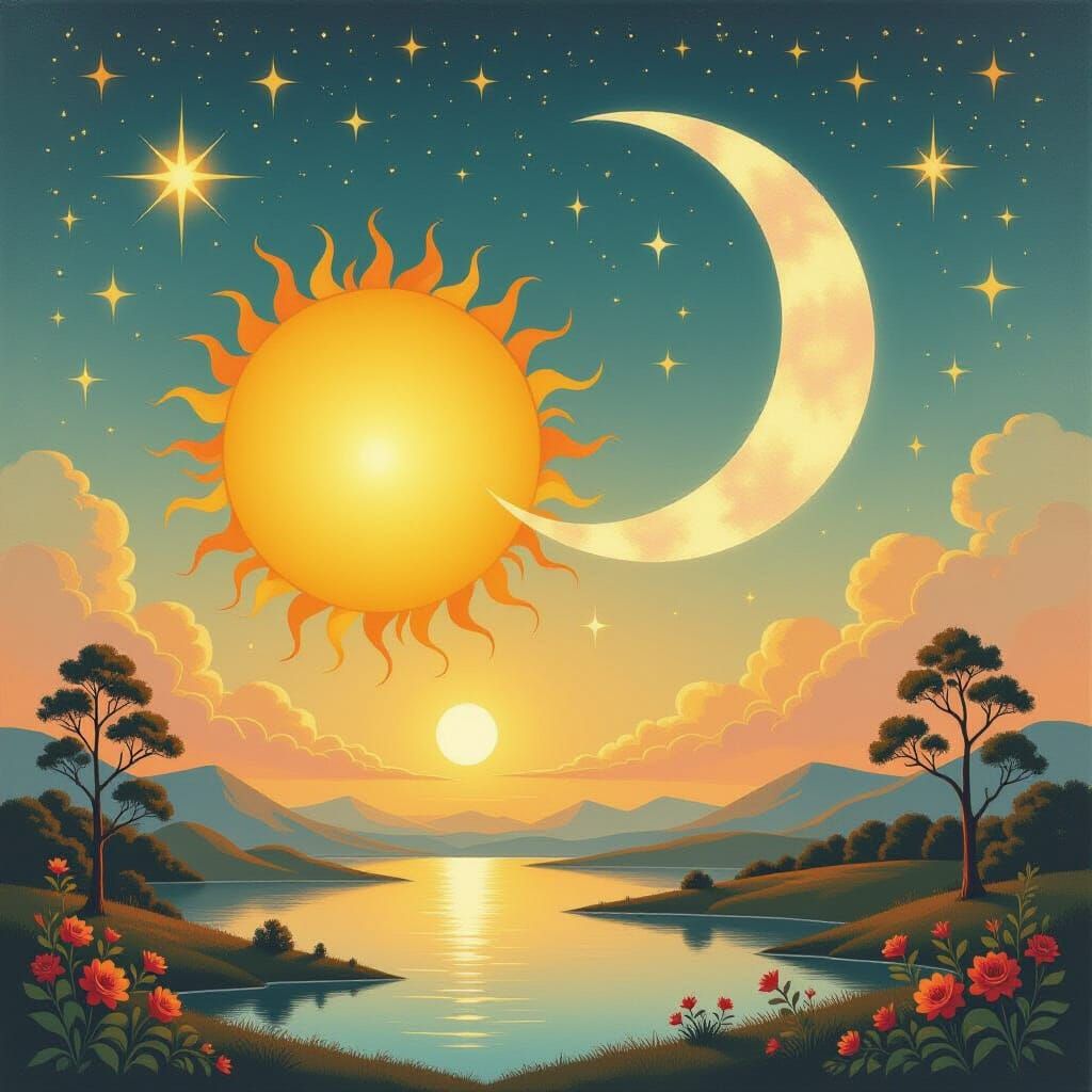 Celestial Dance: Sun and Moon Landscape Painting