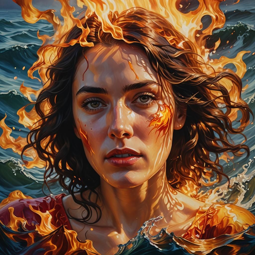 Surreal Woman Portrait in Fire and Water