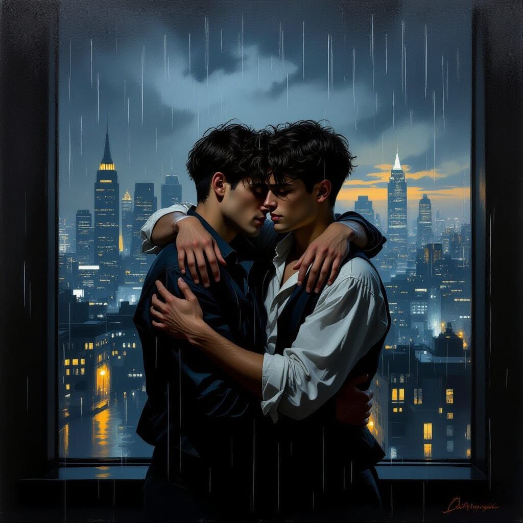 Intimate Embrace in Hotel Room: Baroque Painting