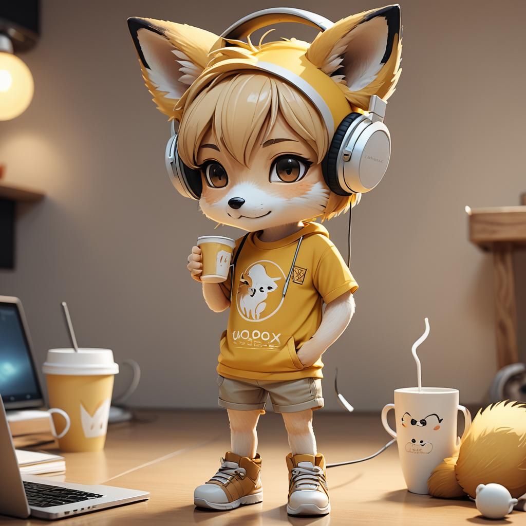 Cute Fox with Coffee Cup in Chibi Anime Style