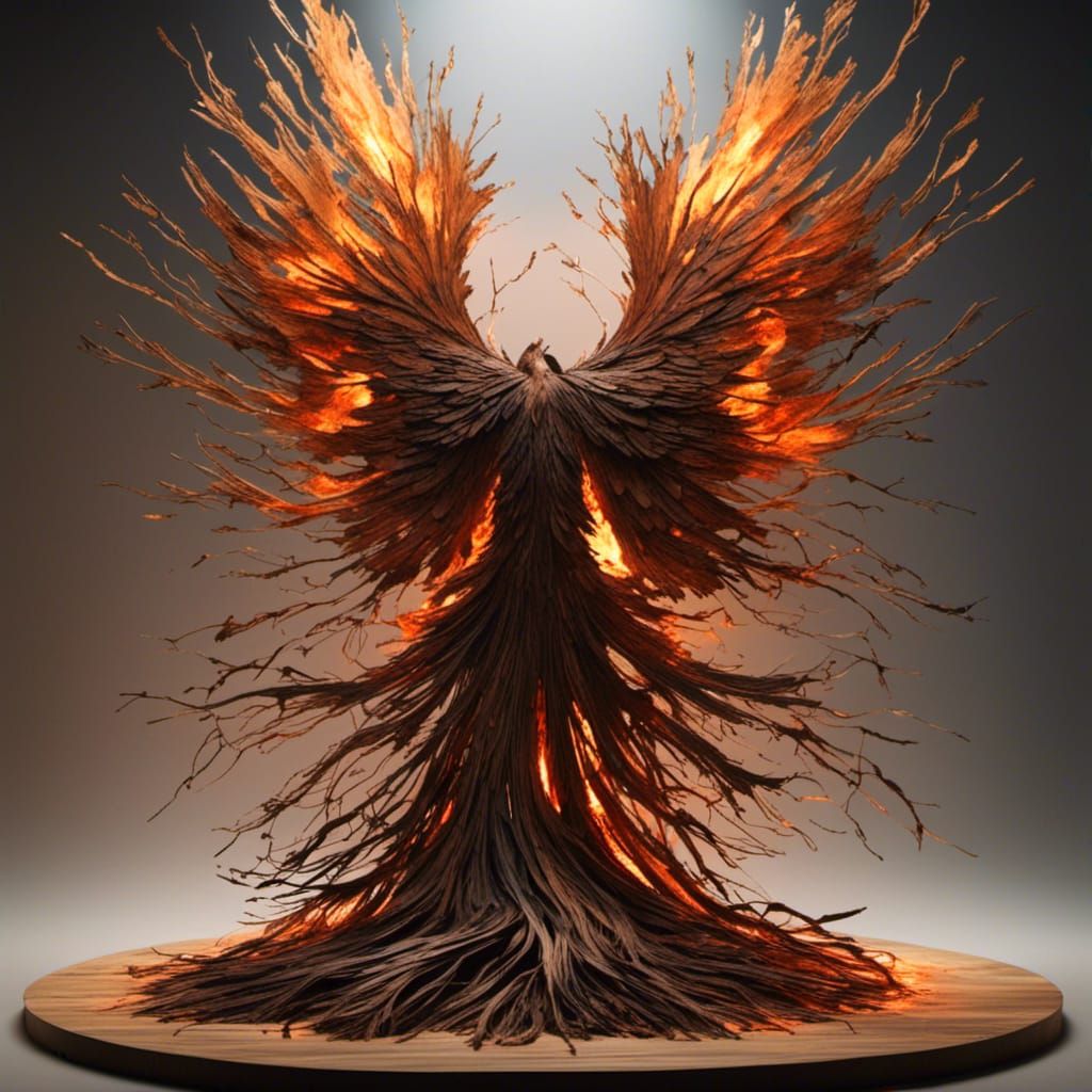 Wooden Phoenix Ablaze: Hyperrealistic 8K Resolution