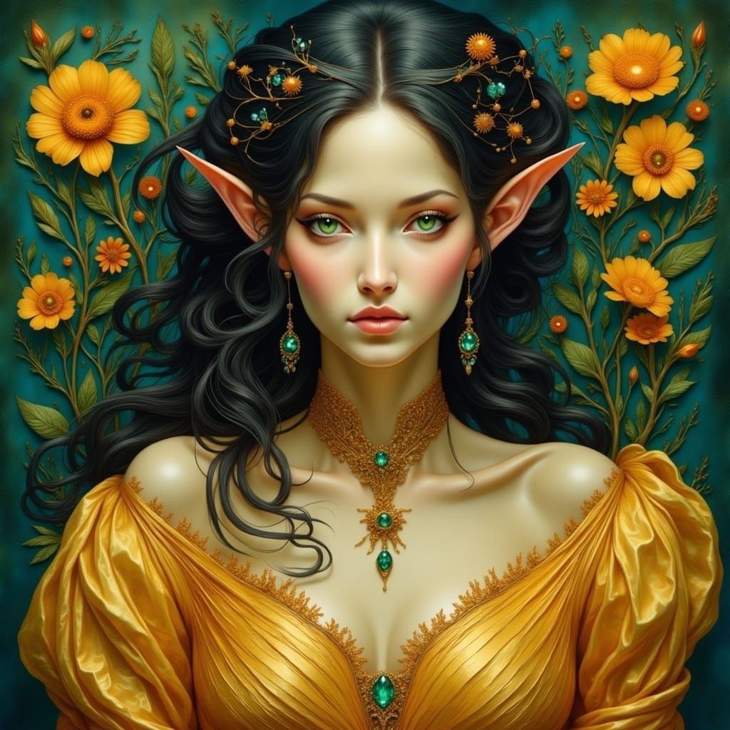 Elegant Elf in Gold Gown, Art Nouveau Style