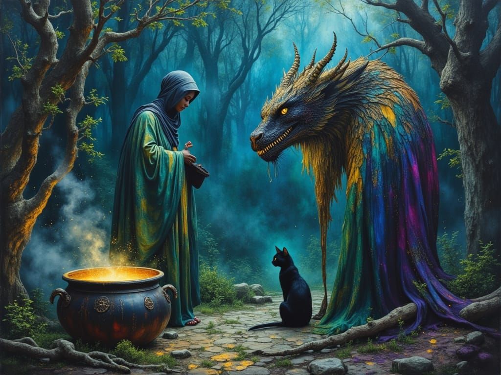 Black Woman Conjuring Magic in Gloomy Forest with Dragon and...