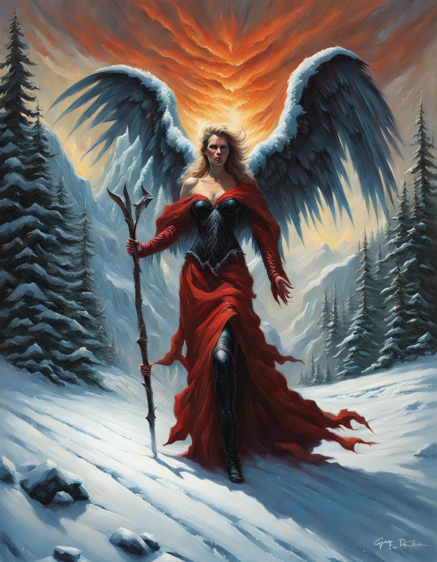 Demonic Angel Rising from Frozen Wilderness