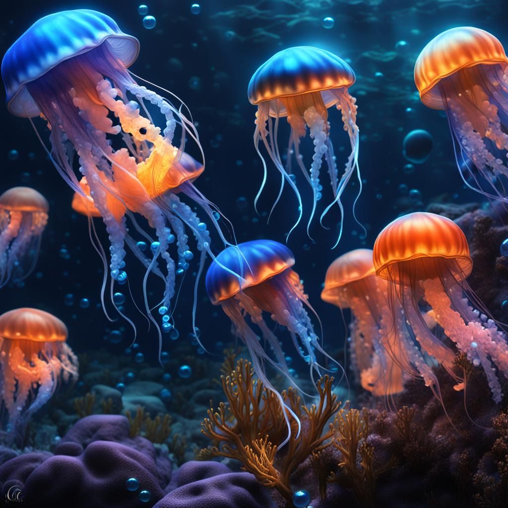 Bioluminescent Jellyfish Underwater in Photorealistic Style