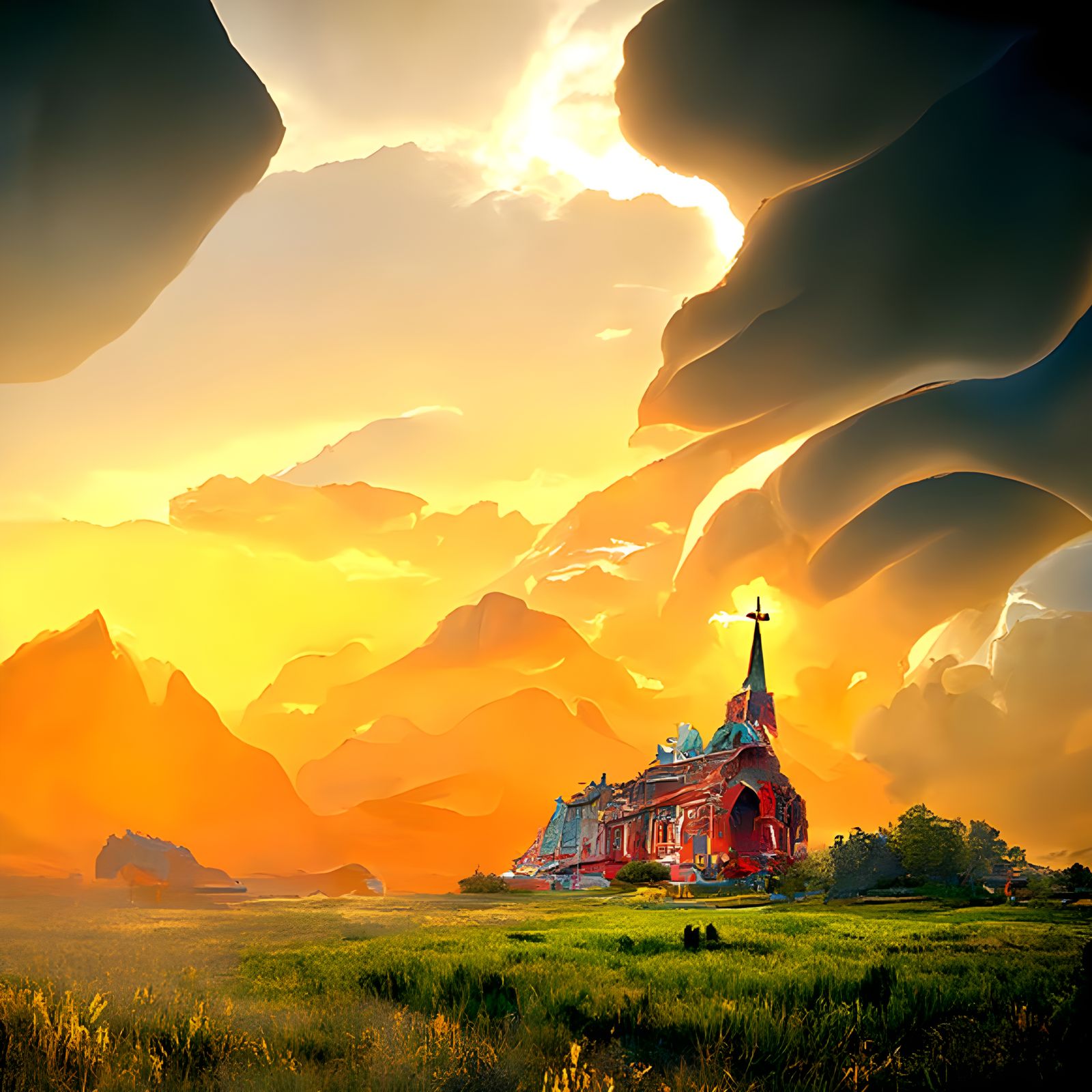 Majestic Church Landscape: Surreal Digital Painting
