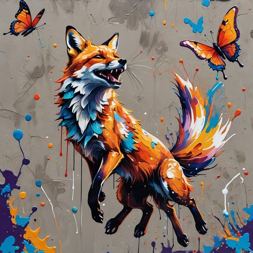 Fox with Butterfly in Vibrant Street Art Style