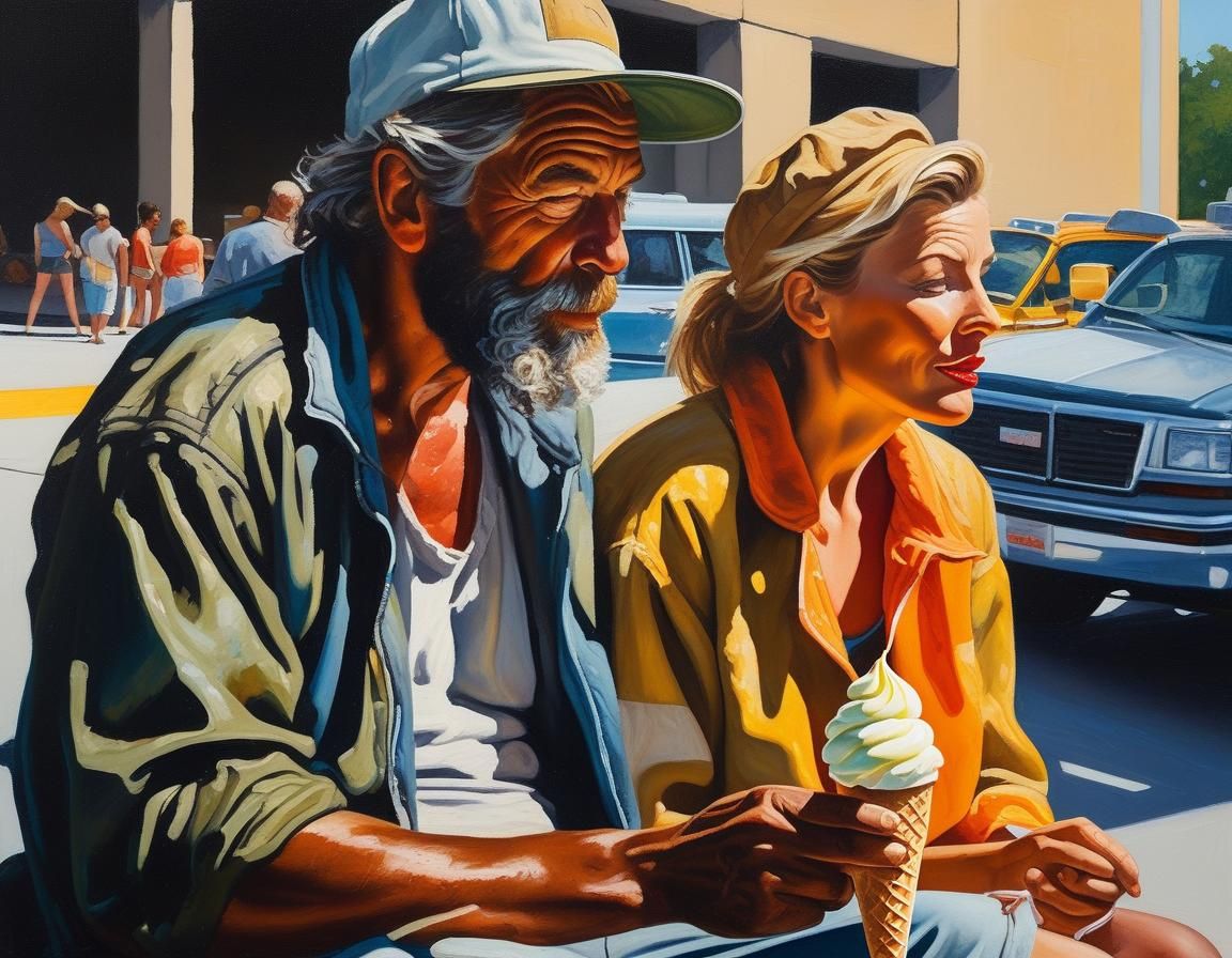 Homeless Couple Eating Ice Cream: Impasto Painting