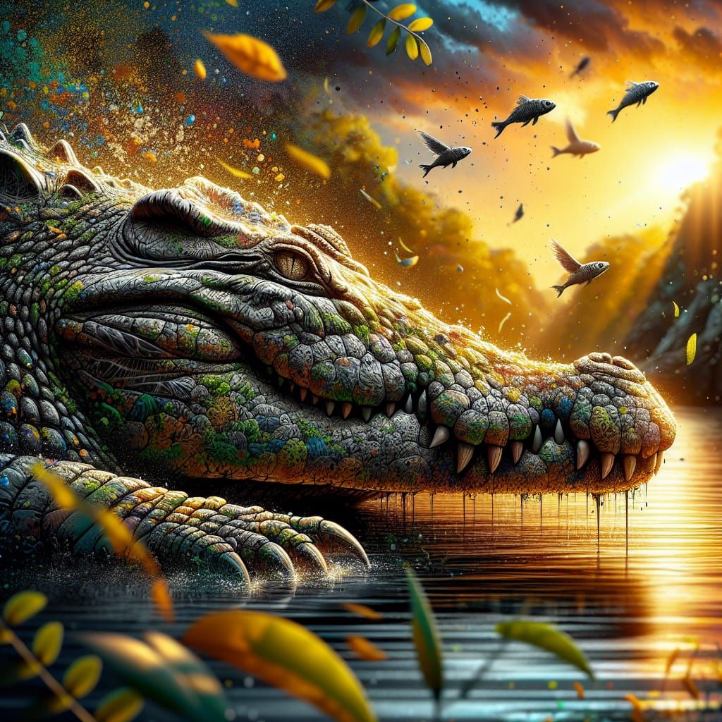 Hyperrealistic Nile Crocodile Concept Art in Golden Sunset S...