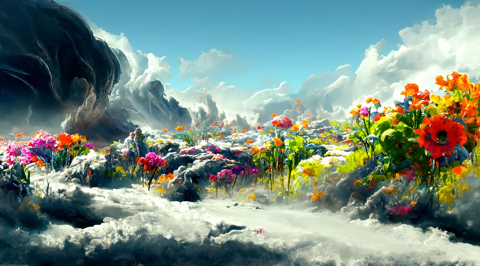 Flower Petal Storm Over Wasteland: Expressionist Landscape