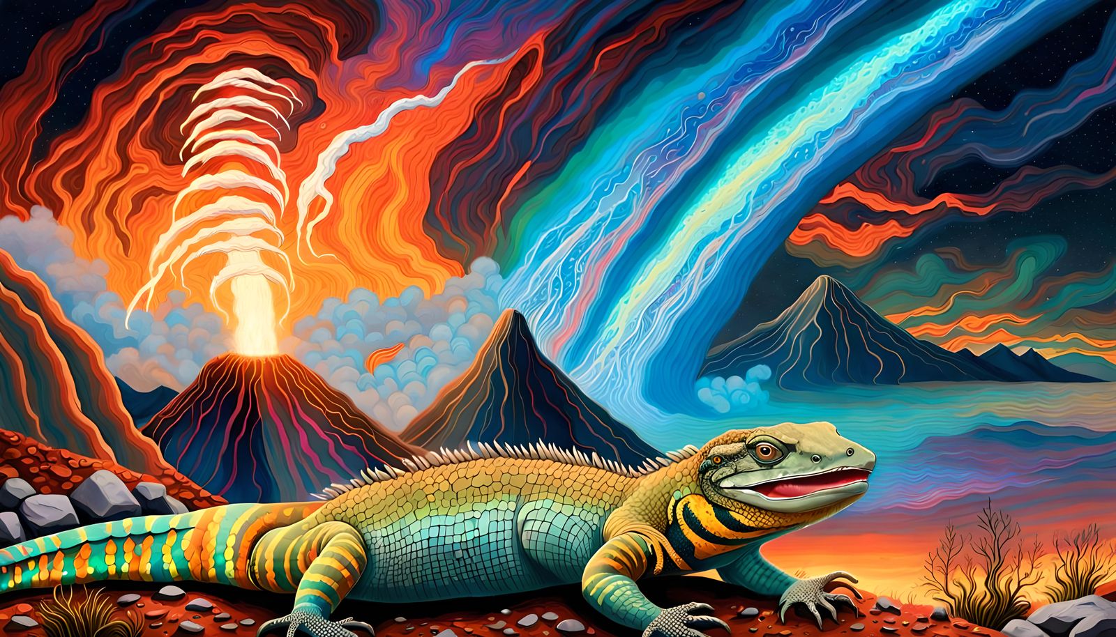 Goanna in Volcanic Landscape with Rainbow Auroras