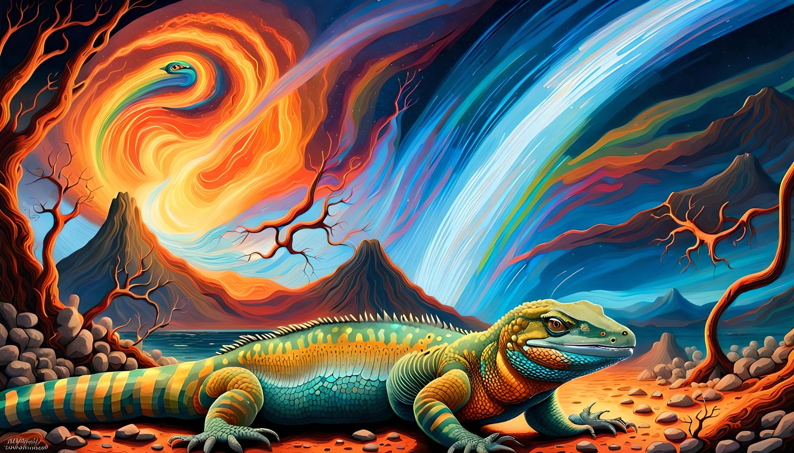 Giant Goanna in Molten Landscape Under Aurora
