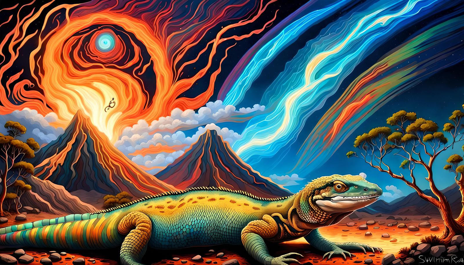 Goanna Megalania in Primordial Volcanic Landscape