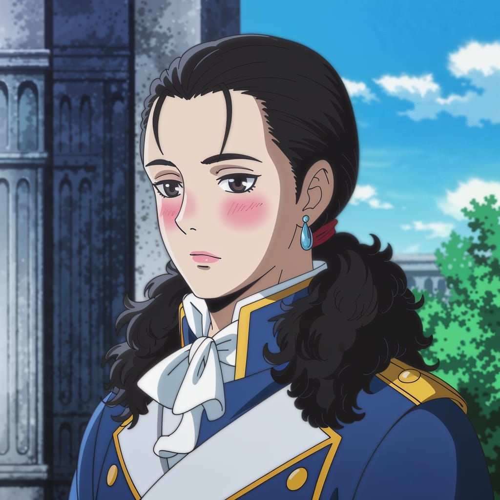 Tall Revolutionary with Long Dark Hair in Blue Uniform