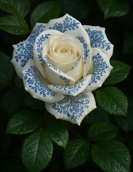 Blue Patterned Rose with Glistening Dewdrops