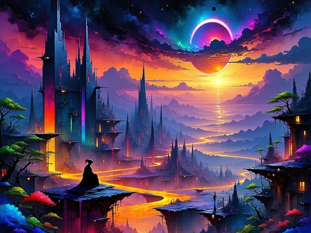 Bioluminescent Cityscape Disappearing into Event Horizon