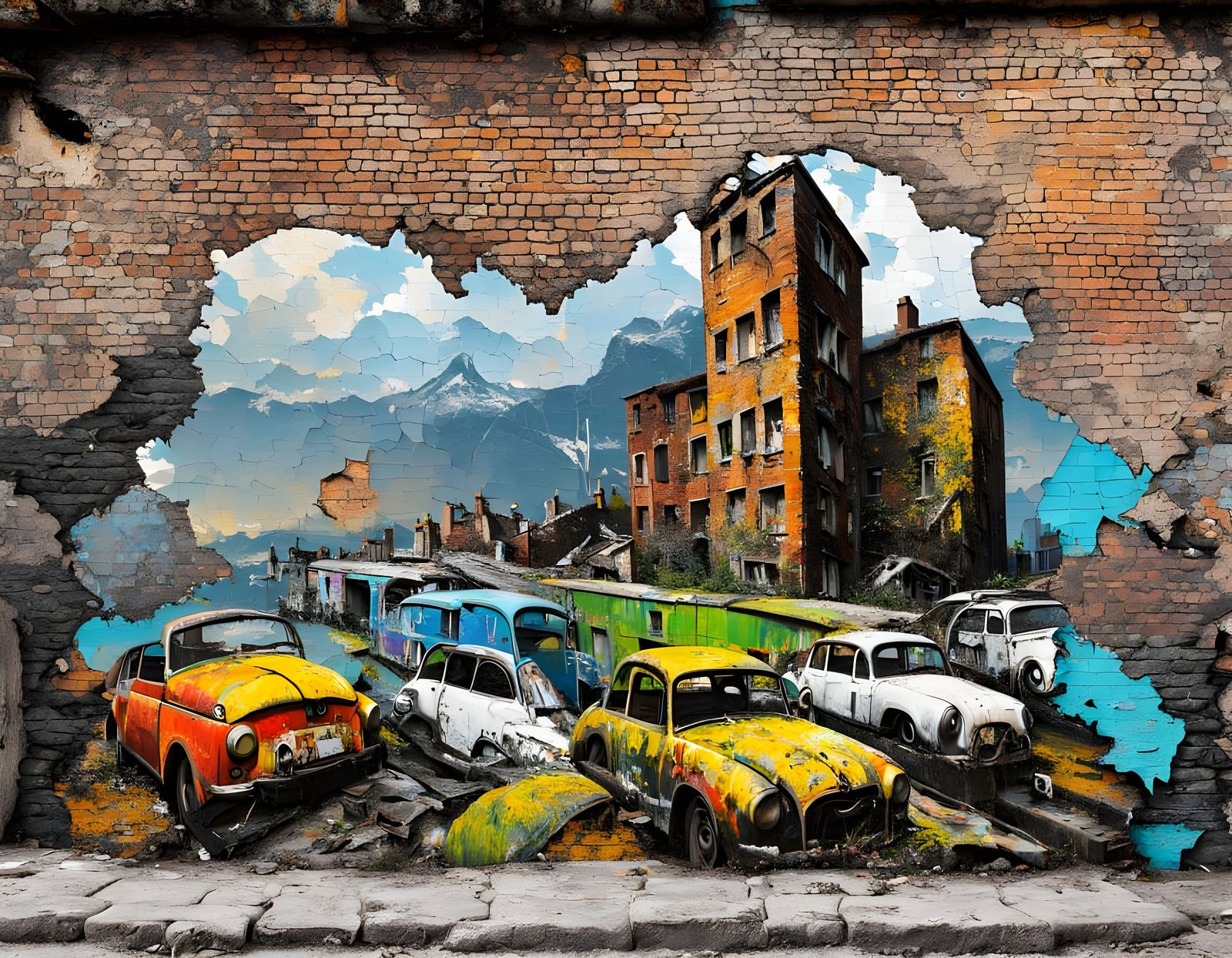 Surreal Urban Masterpiece Graffiti Artwork on Damaged Brick ...
