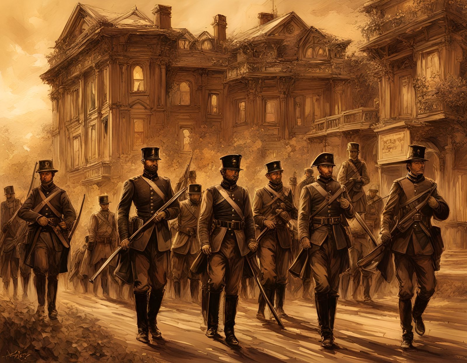 Civil War Soldiers in Golden Hour, Watercolor Style