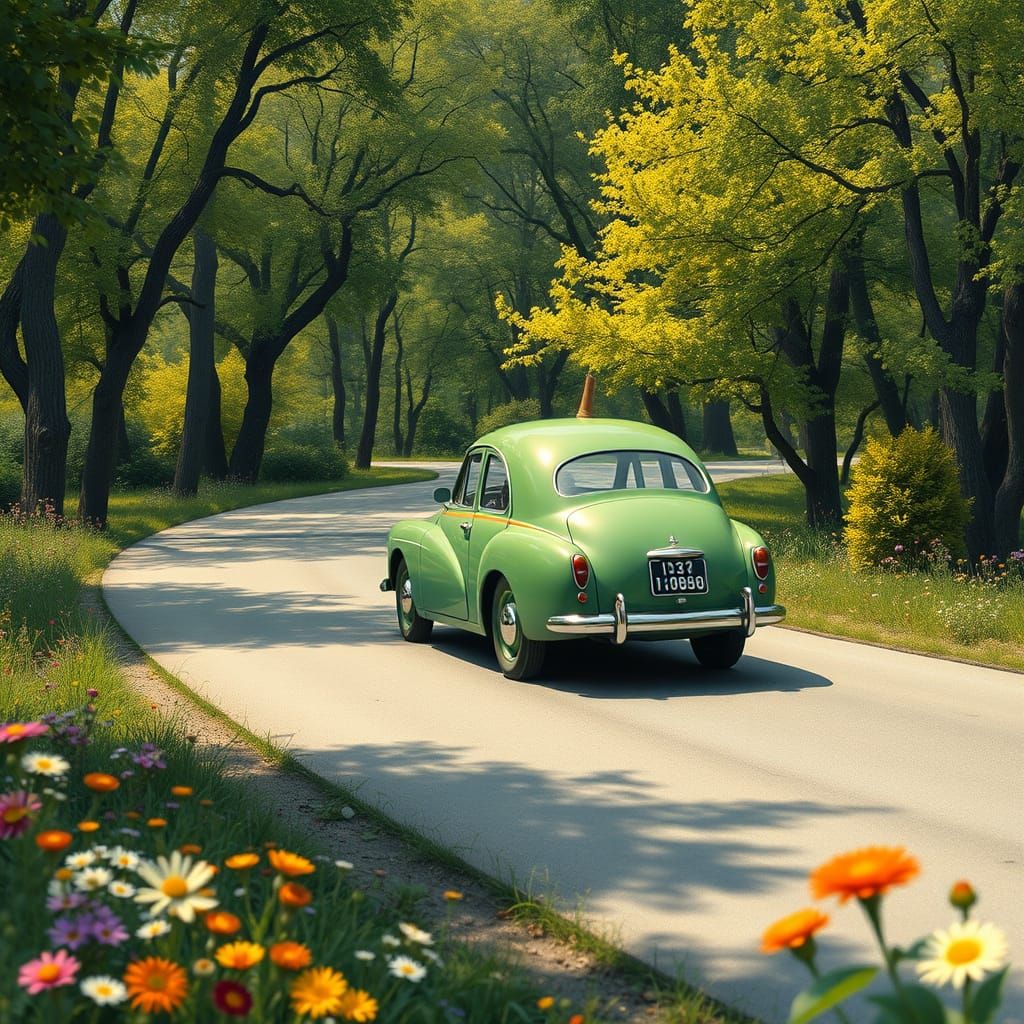 Whimsical Green Apple Car Speeds Through Lush Countryside