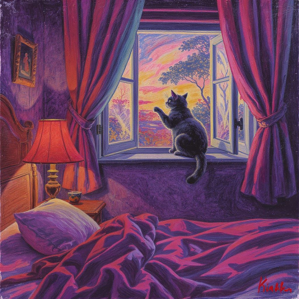 Cat Climbing into Comfy Bedroom as Chalk Art