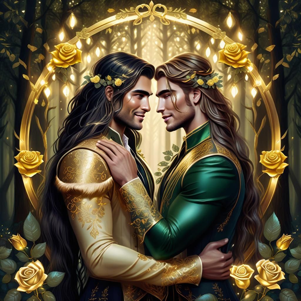 Romantic Forest Scene: Two Men in Golden Frame