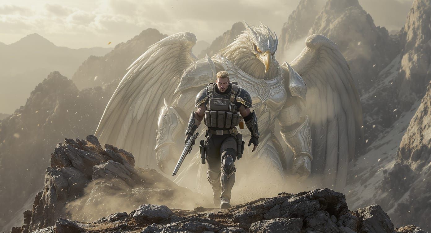 Eagle Warrior on Rocky Plateau, in Hyperrealistic Style