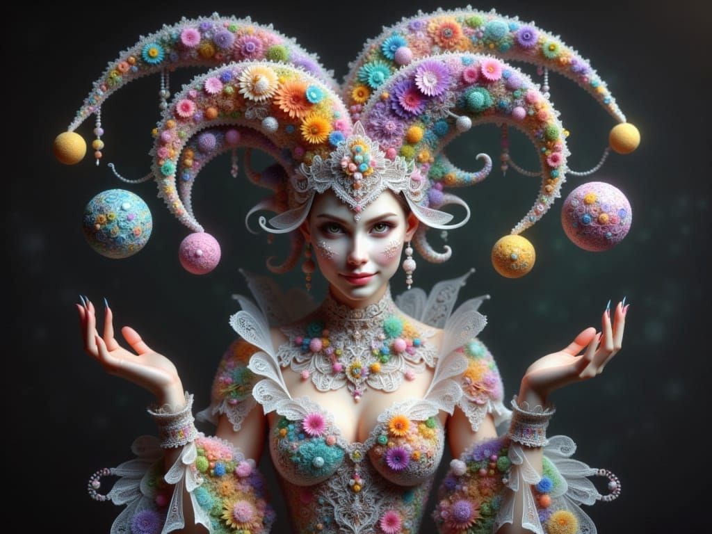 Female Jester in Fractal Lace Style Juggling Three Balls