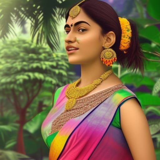 Indian Woman in Saree: Lush Garden Portrait
