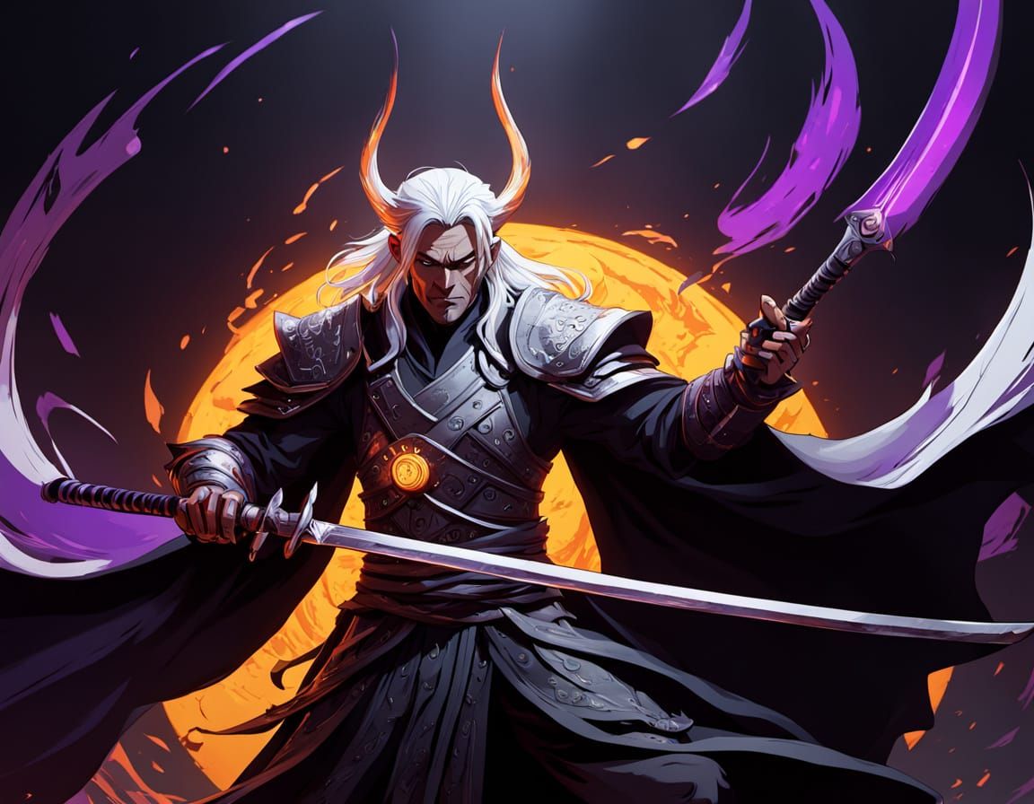 Dark Fantasy Warrior in Tattered Black and White Robes, with...