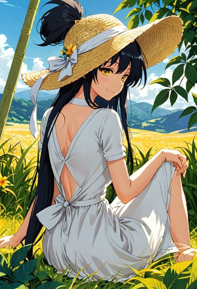 Anime Girl in Summer Dress in Grassy Field