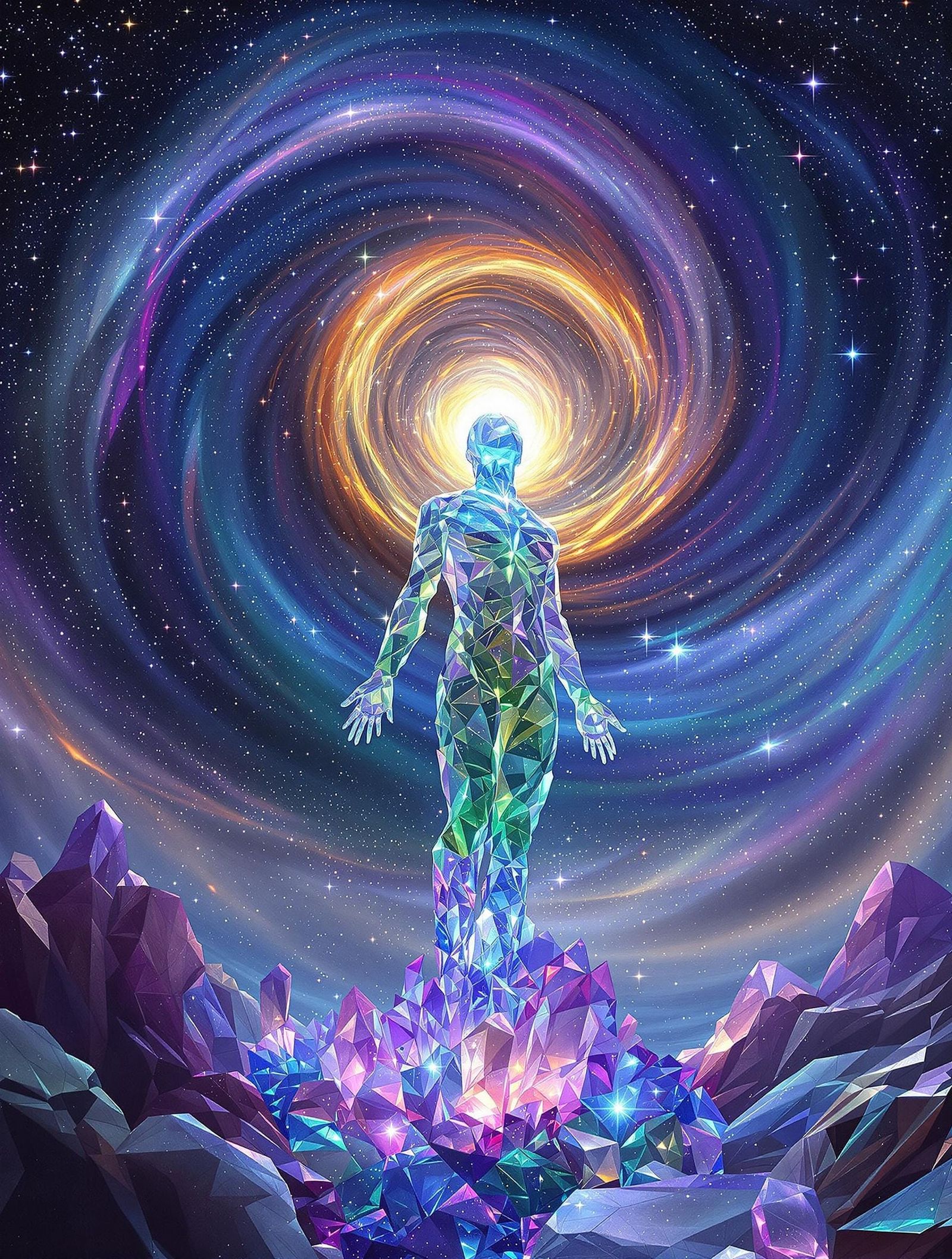 Crystalline Humanoid Gazing at Galaxy in Abstract Style