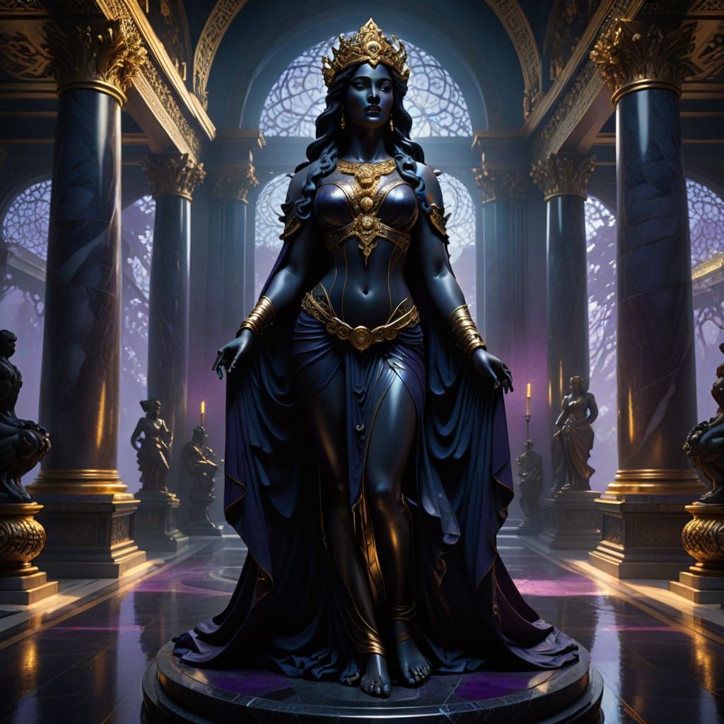 Ebony Aphrodite Statue in Dark Fantasy Temple